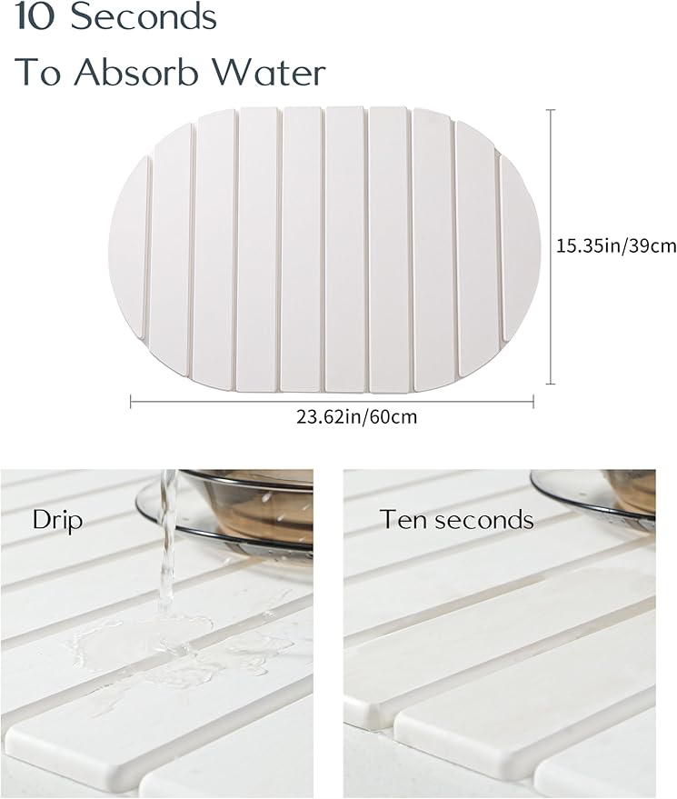 Large Stone Dish Drying Mat for Kitchen Counter,Absorbent Diatomaceous Earth Bath Mat Instant Drying Pad Foldable and Super Absorbent Mat for Dishes Cups Bottles (Oval 23*15.3in)
