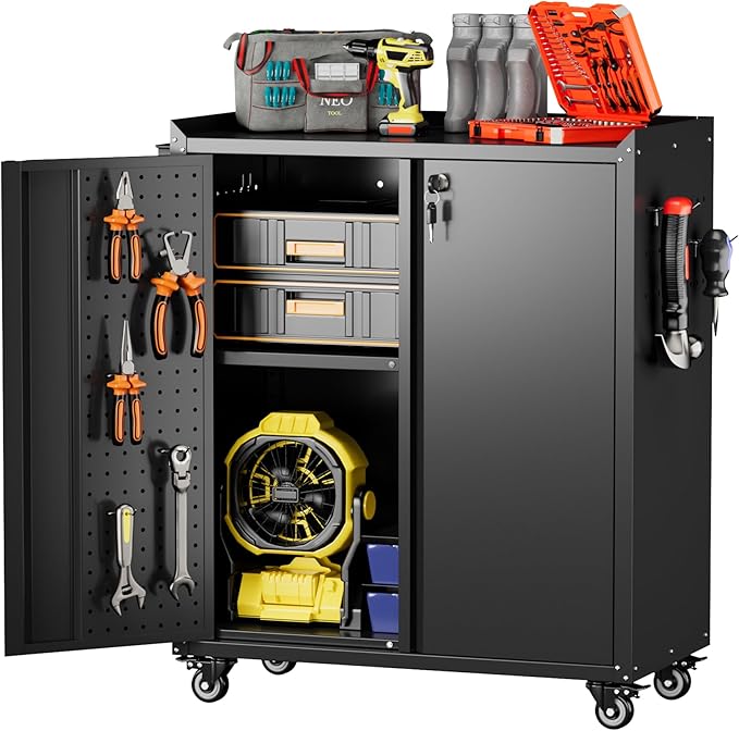 Metal Storage Cabinet on Wheels,Lockable Garage Storage Cabinet with Wheels Pegboard Pushing Hand for Office Home Warehouse, Assembly Required, Black,13.8 "D x 26" W x 34.3" H