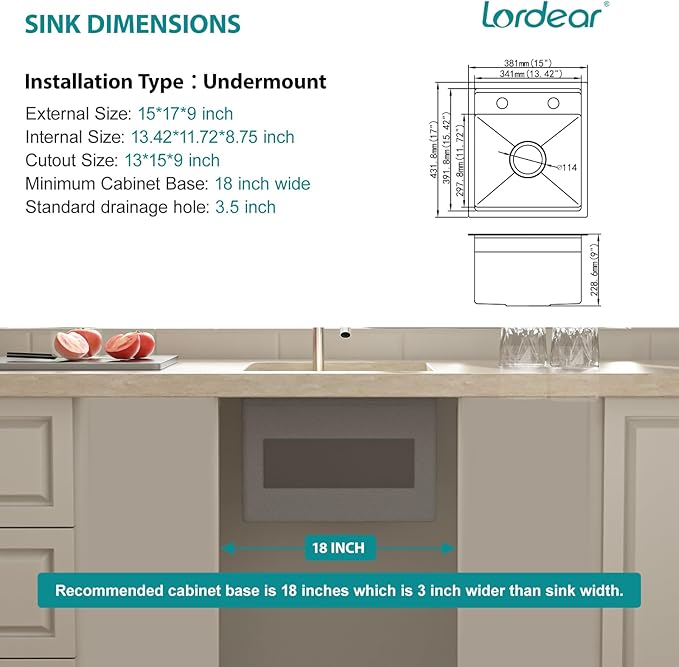 Lordear 15x17 Indoor Outdoor Kitchen Sink with Foldable Faucet Samll Bar Prep 16 Gauge T304 Stainless Steel Single Bowl Basin for Island Camper Wet Bar Prep Mobile Home