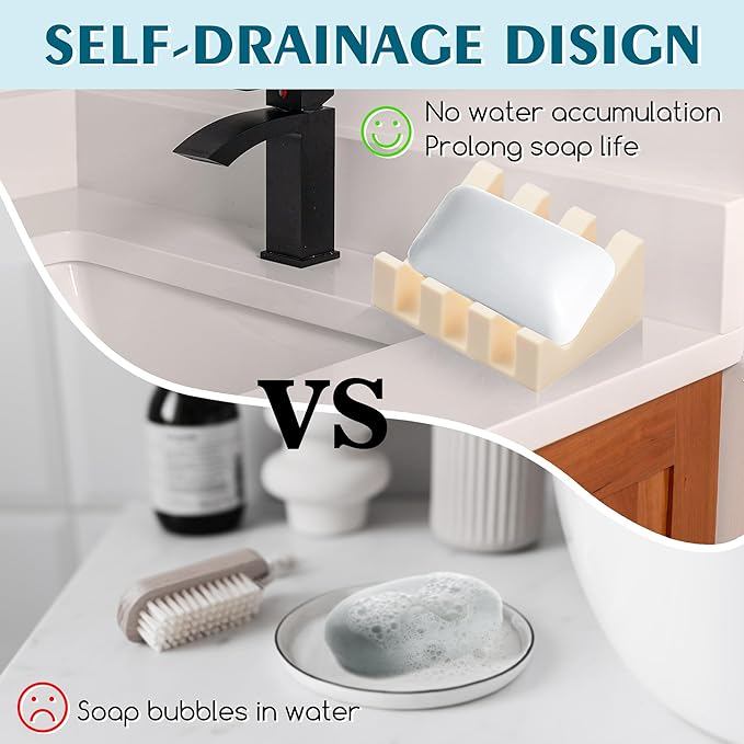 Silicone Soap Dish with Drain, Upgrade Double Suction Cups at The Bottom for Anti-Slip and Stability, Soap Dish Shower Waterfall Bar Soap Holder Tray with Drain Soap Holder (4, CreamWhite)