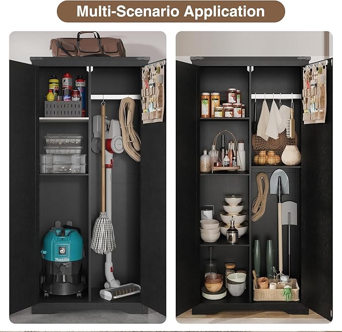 Black Farmhouse Storage Cabinet with Adjustable Shelves, Large Pantry Organize with 2 Barn Doors, Tall Freestanding Cabinet for Kitchen, Bathroom, Garage, Basement, Living, Utility Room