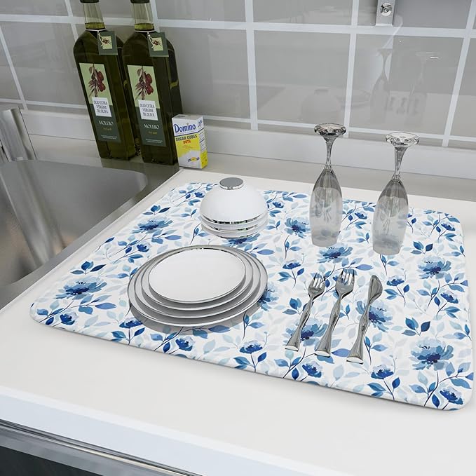 Blue Floral Dish Drying Mat 18x24 inch Flower Leaves Dish Rack Pad Microfiber Washable Dishes Drainer Pad Kitchen Countertop Accessories