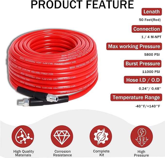 Zejoot Sewer Jetter Kit for Pressure Washer 50FT, 5800PSI Drain Cleaner Hose 1/4 Inch NPT Corner with 5 Sewer Jetting Nozzles，Waterproof Tape，Pearl Corsage Pin & 2 Spanners (Red)