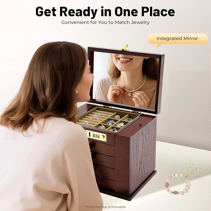 Jewelry Box with Password Lock and Mirror, 5-Layer Large Organizer Box with Mirror and 4 Drawers, Soft Velvet Lining, for Rings Earrings Necklaces Wooden Storage Box with Exquisite Carvings