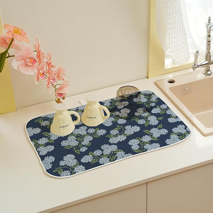 Navy Blue Dish Drying Mat 18x24 Inch Blue Green Vintage Floral Hydrangea Flower Drying Mat Spring Summer Seasonal Absorbent Dish Drying Pad Dish Rack Drainer Mats for Kitchen Dining Counter
