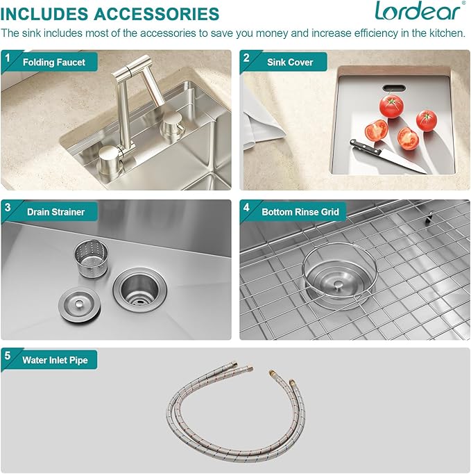 Lordear 15x17 Indoor Outdoor Kitchen Sink with Foldable Faucet Samll Bar Prep 16 Gauge T304 Stainless Steel Single Bowl Basin for Island Camper Wet Bar Prep Mobile Home