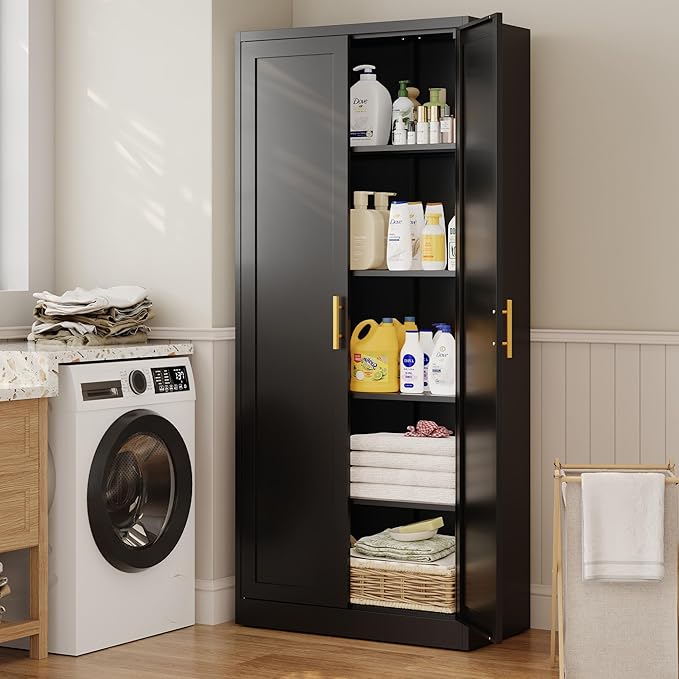 CJF Black Kitchen Pantry Cabinet,71 Inch Tall Metal Storage Cabinet with 4 Adjustable Shelves and Doors, Freestanding Pantry Cabinet for Kitchen, Living Room, Dining Room, Bathroom, Easy to Assemble