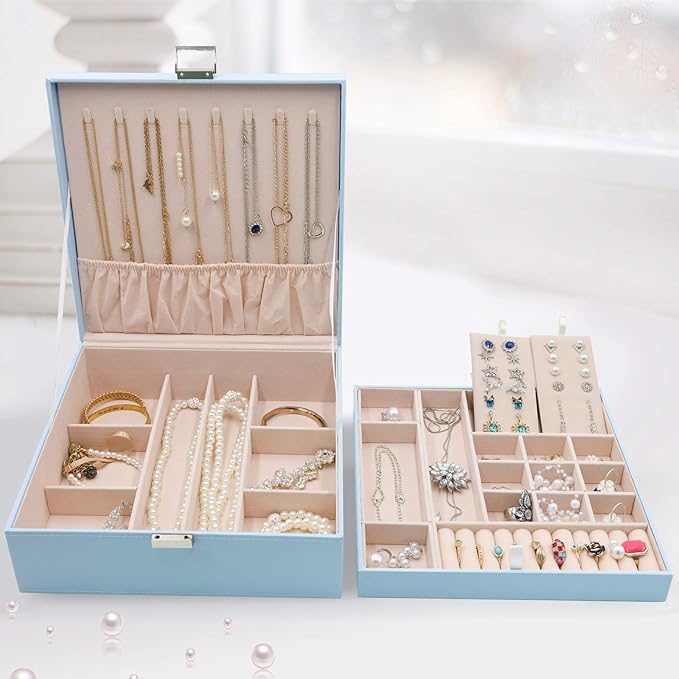 ProCase Jewelry Box for Women, 2 Layers Large Leather Jewelry Organizer Storage Case with Removable Pad for Earrings -Blue