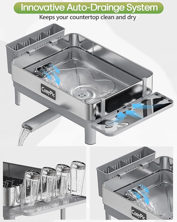 CosyPic Dish Racks, Thicker Premium 304 Stainless Steel Dish Drying Rack for Kitchen Counter, Automatic Drainage Spout, Dish Drainer & Drainboard Set with Utensil Holder and Cup Holder, Grey