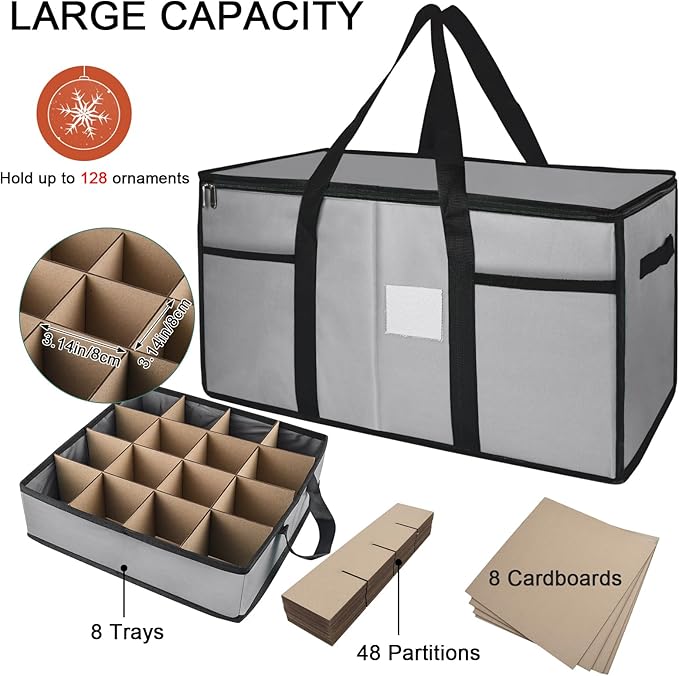 Christmas Ornament Storage Box with Dividers, Christmas Balls Storage Containers with Zipper & 8 Removable Trays, Holds Up to 128 Balls - 600D Oxford Christmas Decoration Storage Organizer (Gray)