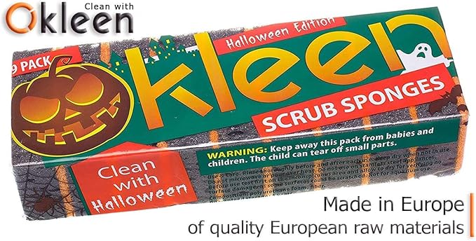 Okleen Black & Orange Multi Use Scrub Sponges. Made in Europe. 9 Pack, 4.3x2.8x1.4 inches. Heavy Duty and Non Scratch Fiber. Odorless Durable and Delicate Scrubber. Halloween Edition
