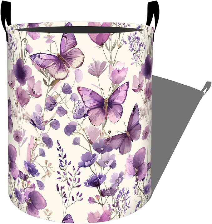 Watercolor Butterfly and Wildflowers Laundry Basket with Handles, 19.7"x15.7" Clothes Foldable Laundry Hamper Organizer for Dorm Nursery Bedroom Bathroom Decor, Toy Storage Bin for Kids