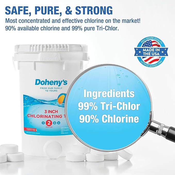 Doheny’s 3-Inch Stabilized Chlorine Tablets for Sanitizing Swimming Pools | 99% Pure Tri-Chlor, 90% Available Chlorine | Long-Lasting, UV-Protected, Slow-Dissolving | Individually Wrapped 25lb Bucket