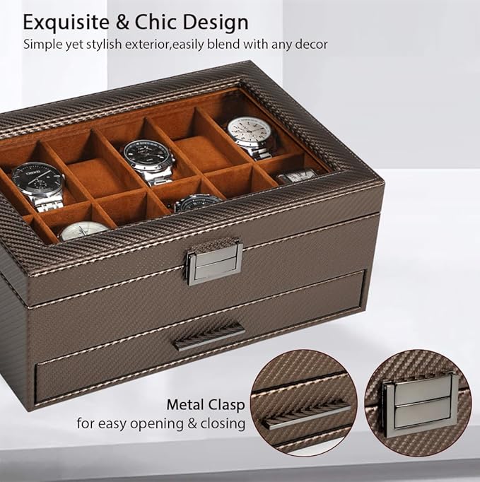 Voova Jewelry Box Watch Boxes Organizer for Men Women,2 Layer Large 12 Slot PU Leather Watch Storage Case,Glass Top Jewelry Display Holder for Watches Sunglasses Rings Necklaces Bracelets,Coffee+Brown