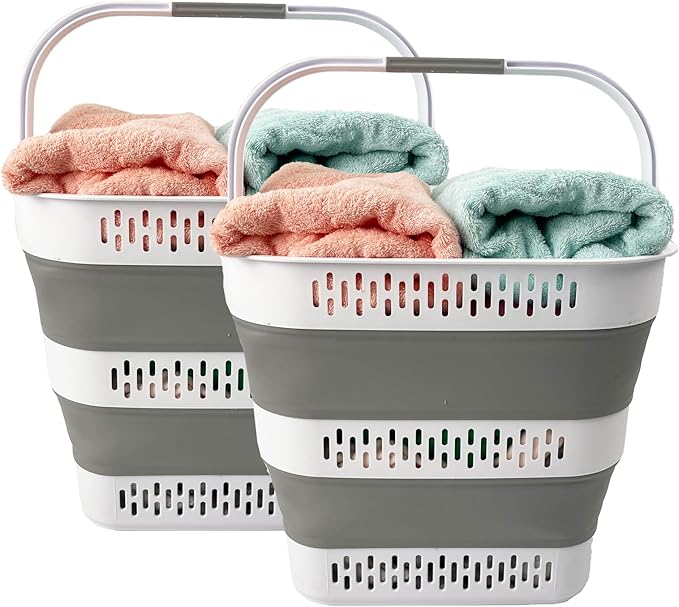 SAMMART 38L(10 Gal) Collapsible Laundry Basket - Foldable Pop-Up Storage Container/Organizer-Portable Space Saving Hamper, Measure 17.5x13.3x15.7"/3.8" Expanded/Collapsed (2, White/Grey)