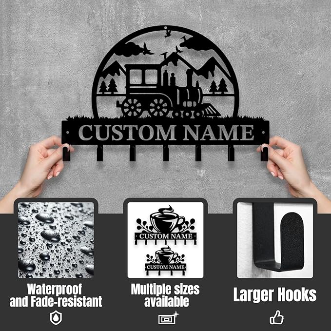 Personalized Train Metal Keys Hooks,Custom Name Metal Train Keys Hooks,Black Metal Train Wall Home Storage Decorative Keys Hooks,Key Holder Hooks for Wall (Style F)