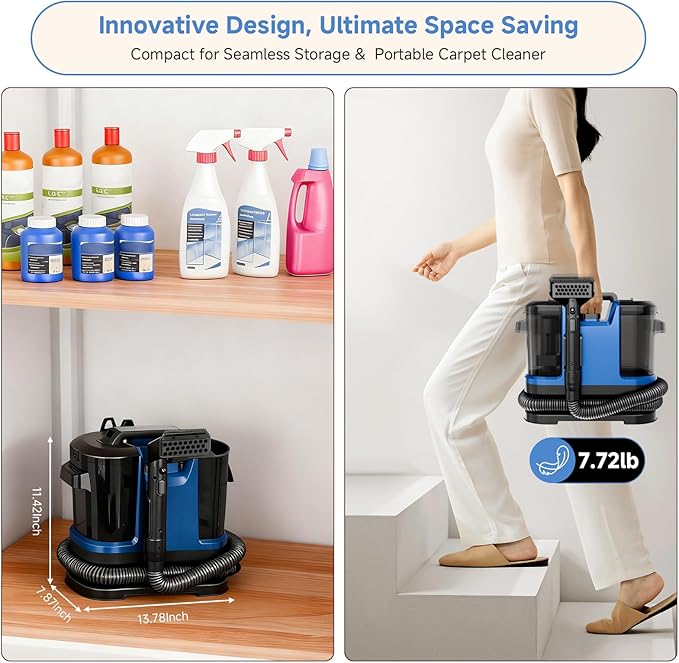 Vaconly Portable Spot Cleaner Machine for Carpet and Upholstery - 18Kpa Carpet Cleaner with Dual BrushHeads, Easy Move, Cleaning Machine for Furniture, Couch, Stairs, Car and Pet Stain, Blue