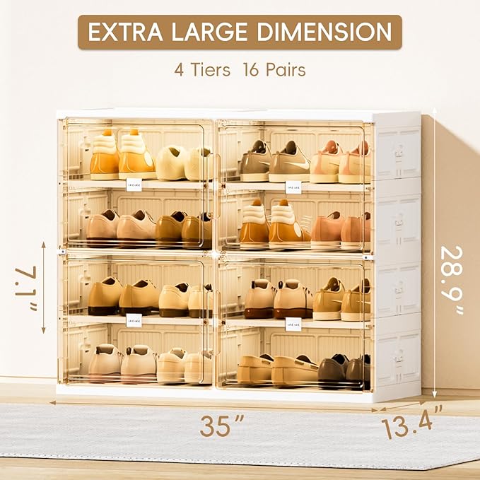 JEKO&JEKO 4-Tier Foldable Shoe Storage Box with Magnetic Doors, Large Stackable Shoe Organizer Cabinet for Entryway, Clear Front Door Shoe Boxes Hold Up to 16 Pairs (White)