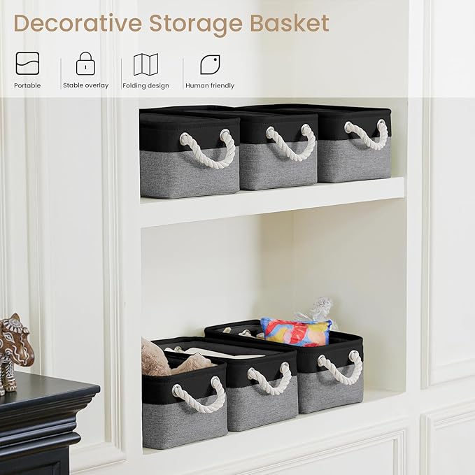 Storage Baskets for Shelves 11.8x7.9x5.2 Inch, Foldable Fabric Storage Bins with Handles, Small Storage Baskets for Organizing Closet, Office, Home Organization (3-Pack, Black&Gray)