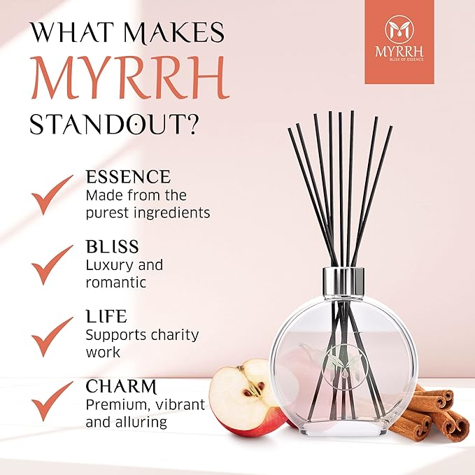 Apple Cinnamon Scented Reed Diffuser Set with 8 Rattan Diffuser Sticks, 150 ml, All Natural Air Freshener, Long-Lasting Diffusers at Home, MyrrhUSA
