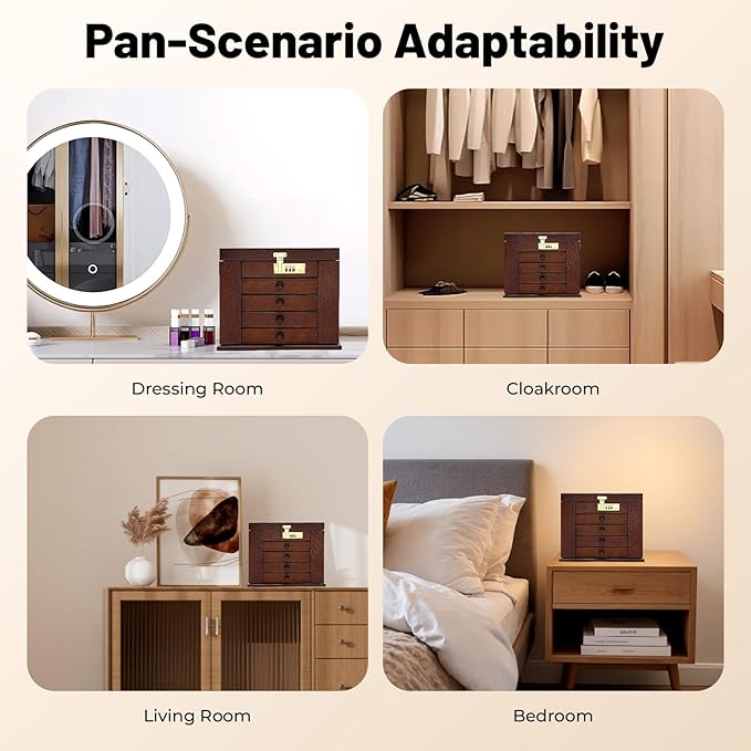 Jewelry Box with Password Lock and Mirror, 5-Layer Large Organizer Box with Mirror and 4 Drawers, Soft Velvet Lining, for Rings Earrings Necklaces Wooden Storage Box with Exquisite Carvings