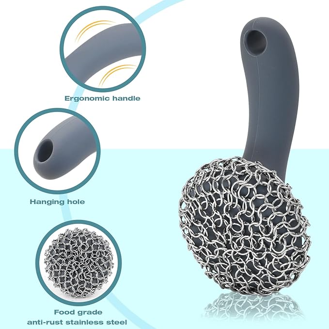 Cast Iron Scrubber with Long Handle | 316 Cast Iron Cleaner Chainmail Scrubber for Pan Skillet Cleaner - Dish Scouring Pad Dishwasher Safe Cleaning Kit (Grey, 1 Scrubber + 1 Scraper)