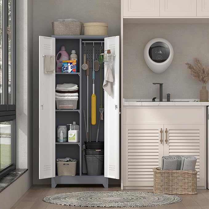 65" H Broom Closet Storage Cabinet, Garage Storage Cabinet with Adjust Shelves,Utility Cabinet,Utility Closet for Garage,Gray-White