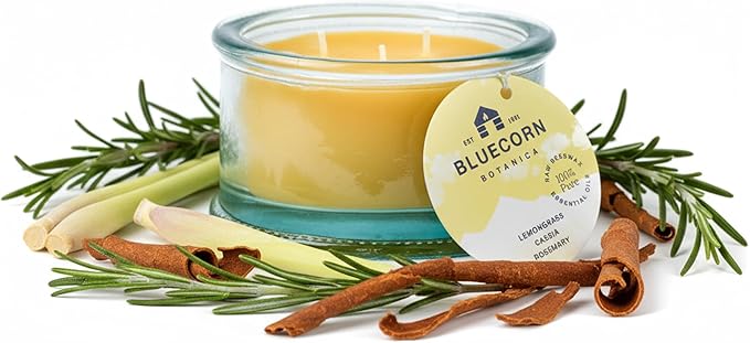 Bluecorn Beeswax 3-Wick Candle, 100% Pure Bees Wax, Lemongrass Cassia & Rosemary Essential Oil Candle Wax, Clean Burning, Long Lasting, Gifts for Women & Men, American Made, 10 Oz