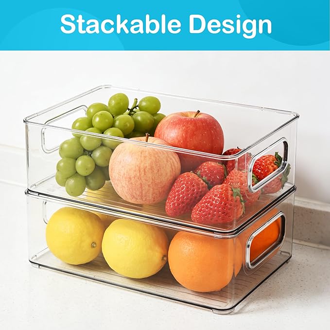 LotFancy Refrigerator Organizer Bins, 4 Pack,10x6x3 in, BPA Free Clear Plastic Storage Bins for Pantry Organization, Stackable Containers with Handles for Fridge, Kitchen Drawer, Freezer, Cabinet