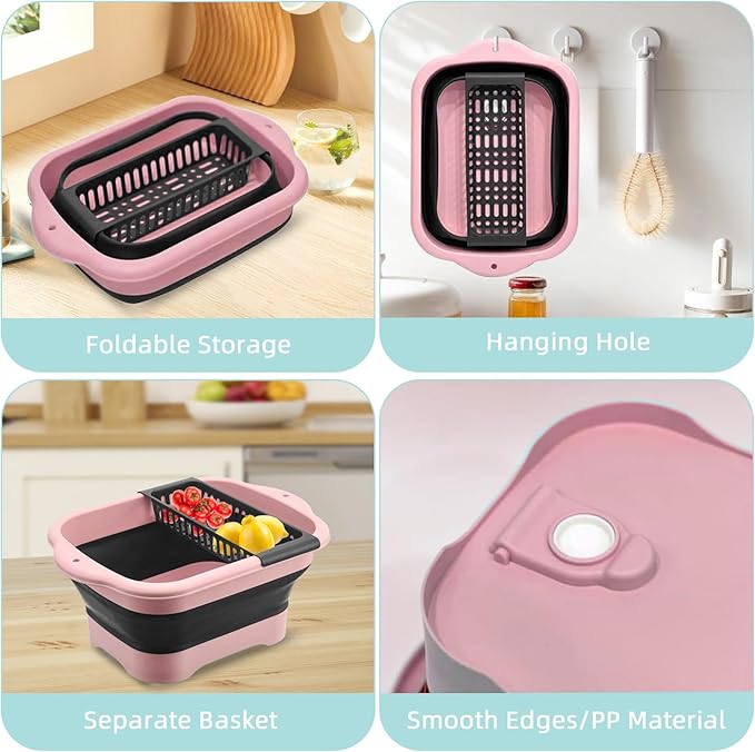 Collapsible Dish Basin & Wash Basin – 11L(2.91 Gal) Portable Sink with Drain Plug, Foldable Kitchen/Camping Sink for Dishwashing, Vegetable, RV, Camping & Outdoor Use (PINK)
