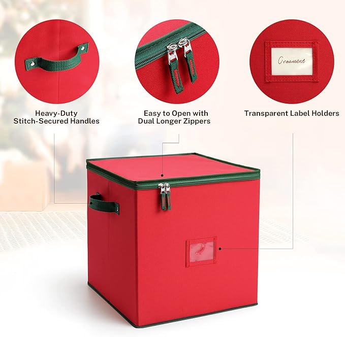 MaidMAX Christmas Ornament Storage Box Holiday Decoration Organizer, 64 Christmas Ball Accessories Holder with Adjustable Dividers, Zippered Closure, 4 Removable Trays, 600D Oxford, 12.9x12.9x13