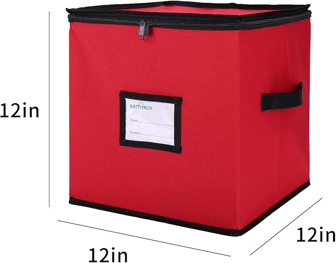 Sattiyrch Christmas Ornament Storage Box,600D Oxford Fabric Stores up-to 64 Standard Holiday Ornaments Holder,12 x 12 Inch 4 Layer Xmas Storage Containers,Red