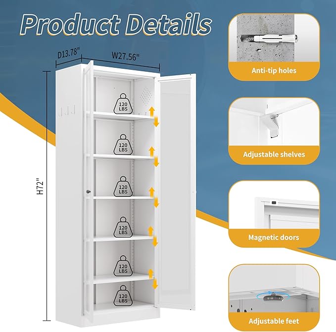 Kitchen Pantry Cabinet, 72" H Storage Cabinet with Glass Doors and Adjustable Shelves, Metal Bathroom Cabinets, Freestanding Cupboard for Kitchen, Living Room, Assembly Required, White