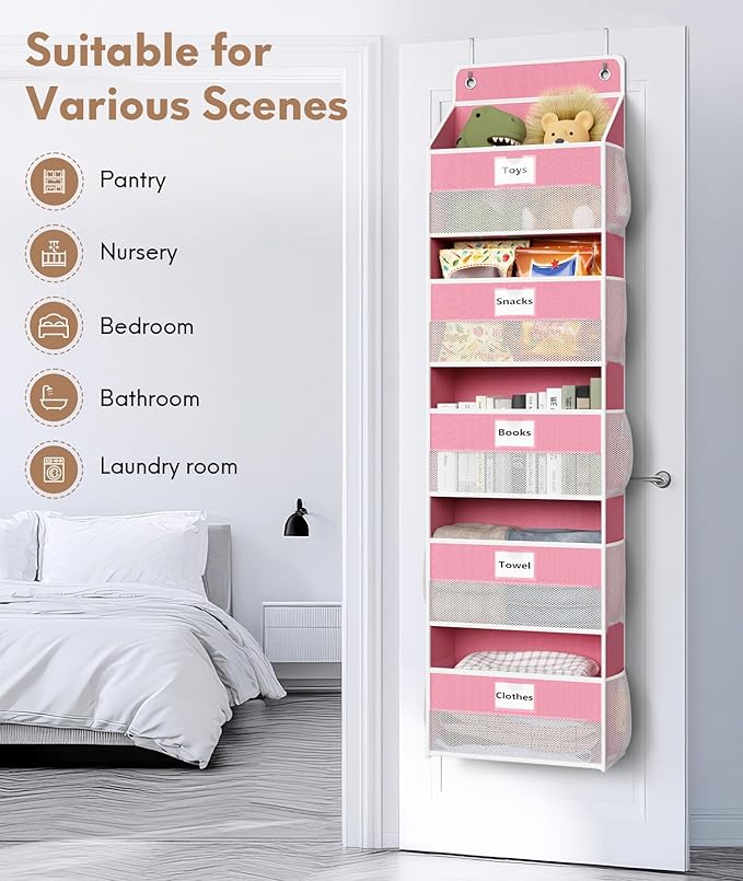 Optish Over The Door Organizer Hanging, 2 Pack 5 Shelf Behind The Doors Storage, Pantry Door Organizer, Closet Organizers for Bedroom and Nursery (Pink)