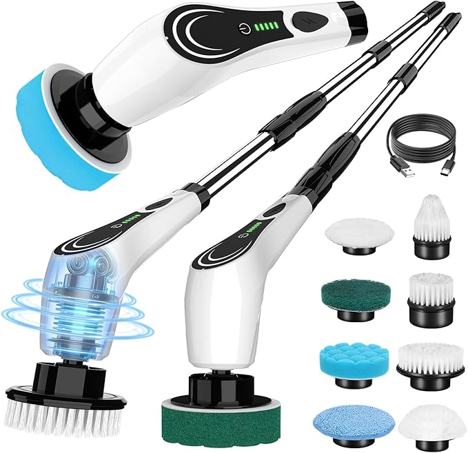 Lichffy Electric Spin Scrubber, Cordless Shower Scrubber with 8 Brush Heads with Adjustable, 2H Power Dual Speed, Power Brushes with IPX7 Waterproof for Floor, Sink, Bathroom, Tile, White-qwrx3
