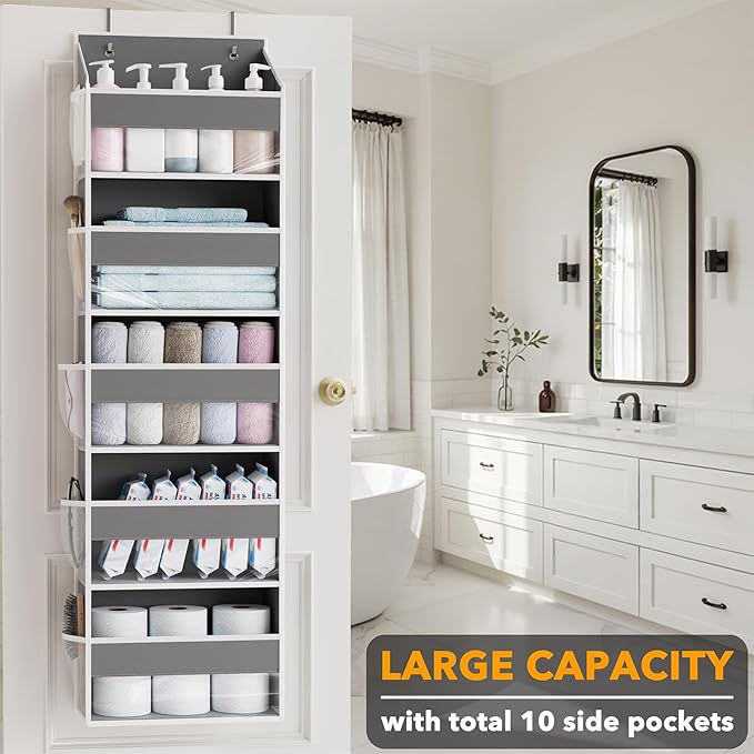 SpaceAid 2 Pack Over The Door Organizer with 5 Large Pockets and 10 Mesh Side Pockets, 5 Layers Door Organizer Hanging with Clear Window for Bedroom, Bathroom, Pantry and Nursery, Gray