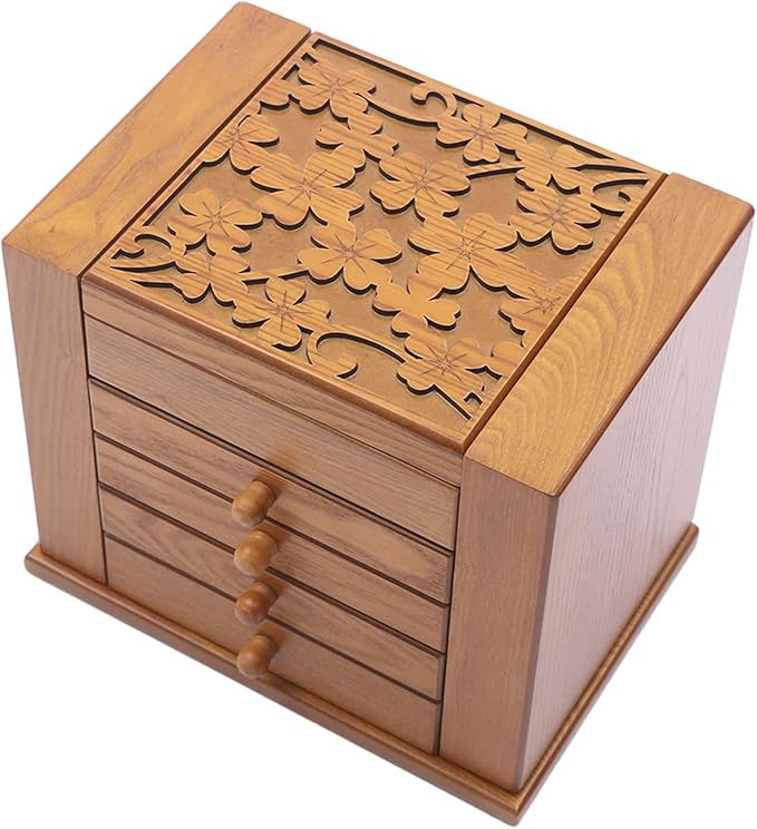 Large Wooden Jewelry Box 5 Layers Jewelry Storage with Mirror and 4 Drawers Gift for Women and Girls Necklace Ring Storage Box (Brown+Carving)