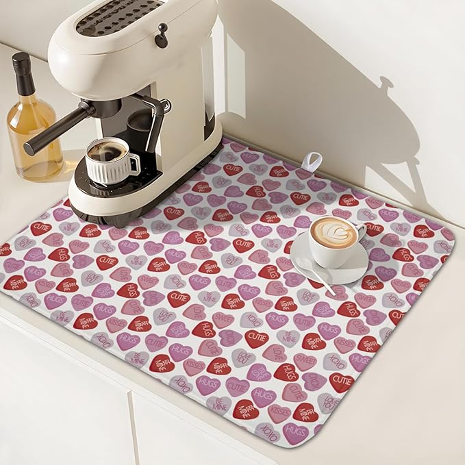 Valentine’s Day Dish Drying Mat for Kitchen Counter 18x16 Inch Pink Love Drying Mat with Absorbent Reversible Microfiber Holiday Dish Drainer Mats Rack Pad for Coffee Countertop Protector