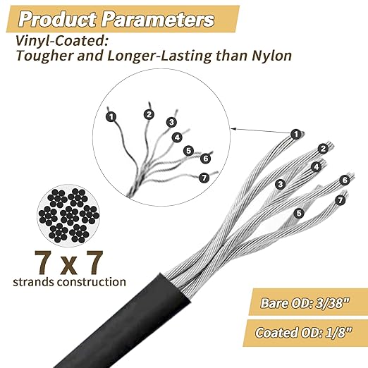 MSLANE 1/8" Black Wire Rope Kit 200FT 304 Stainless Steel Vinyl Coated with M5 Turnbuckles, 7x7 Strand Core Aircraft Cable for String Light, Picture Hanging, Clothesline, Curtain, and Plant Trellis