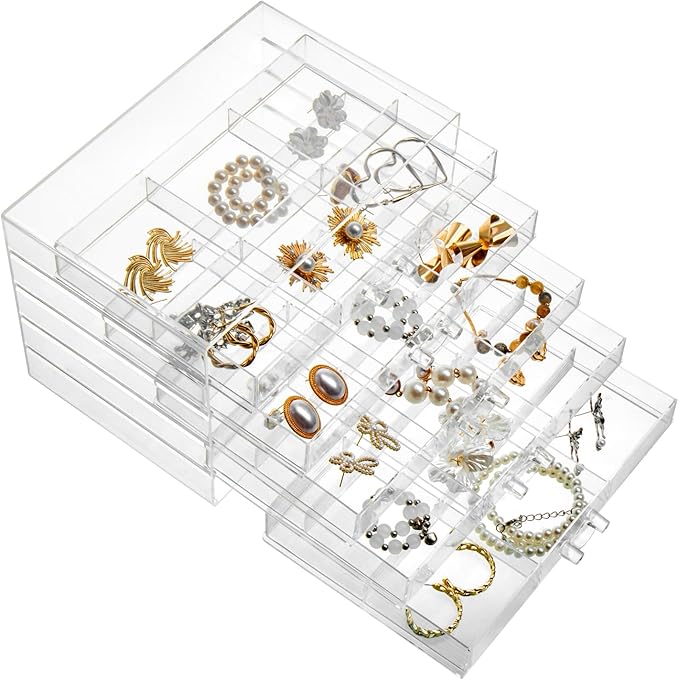 Earring Storage Box Organizer 5 Drawers Jewelry Organizer Acrylic Jewelry Storage Box Holder Compartment Transparent Display Storage Case Gift for Women Girls (30 Girds)
