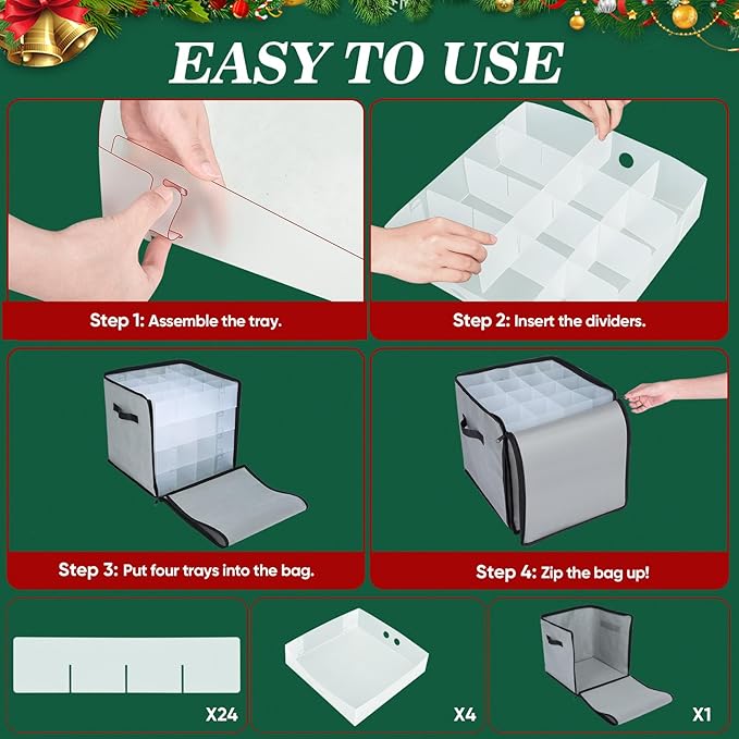 BALEINE Christmas Ornament Storage Box with Dividers, Premium Holiday Ornaments Storage Container Bin for Xmas Decorations (64 Ball, Black, Soft)