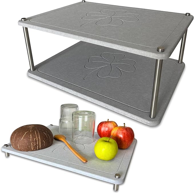 GRUZAM 2 Pcs Stone Dish Drying Mat, 2 Tier Dish Drying Stone for Kitchen Counter with Absorbent Dish Drying Mat, Stone Dish Drying Rack, Flexible Stone drying rack (Sandstone, 15.6" x 11.7" x 6.7")