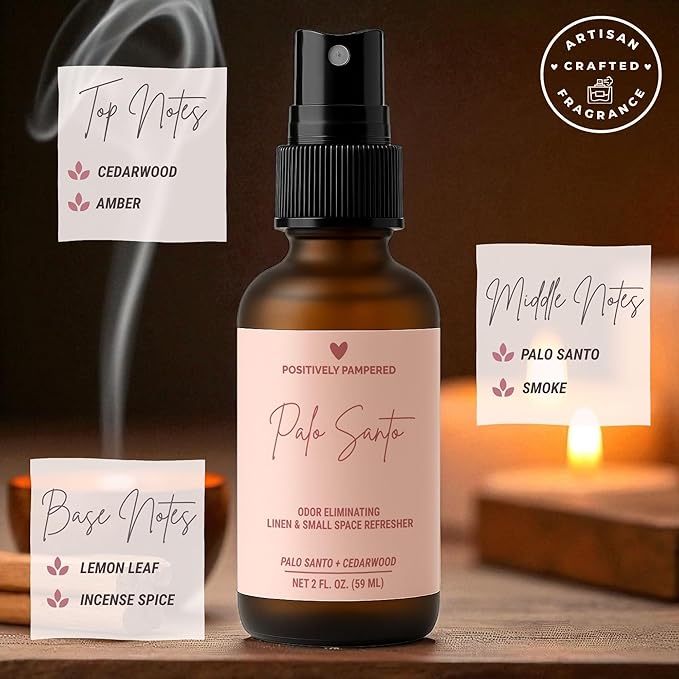 Palo Santo Luxury Small Space Air & Linen Freshener Spray - Palo Santo + Cedarwood - Artisan Blended Home Fragrance - Non Toxic Odor Eliminator - 2 oz Travel Size Room Spray