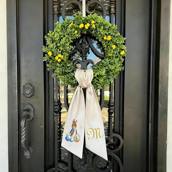 Rabbit Easter Wreath Bow Custom Embroidered Monogram Spring Bunny Wreath Sash for Front Door Hand Tailored Easter Decorations Spring Bows for Wreaths (U)