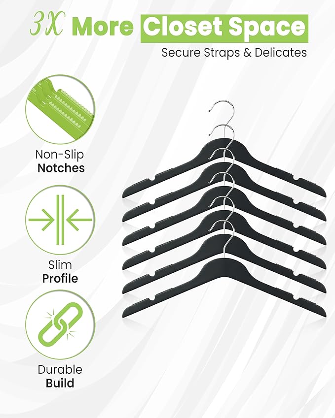 All Hung Up Plastic Hangers Slim, Non Slip Space Saving Clothes Hangers for Closet Organization, Durable Notched Plastic Coat Hangers for Shirts, Dresses & Jackets, Black, 18 Pack