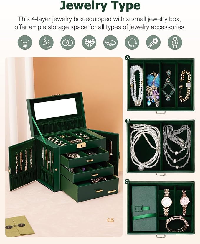Homde 2 IN 1 Jewelry Box for Women Girls with Small Travel Case Mirror Necklace Ring Earrings Organizer (Forest Green + Gold)