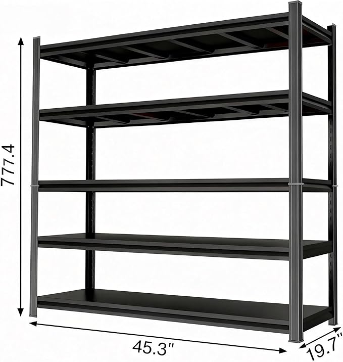 Garage Shelving Unit, Heavy Duty Metal Adjustable Storage, Steel Shelves, Industrial Shelves for Heavy Tools and Equipment, Ideal for Garage, Basement, Black (5-Tier, 77.4" H x 47.2" W x 18" D)