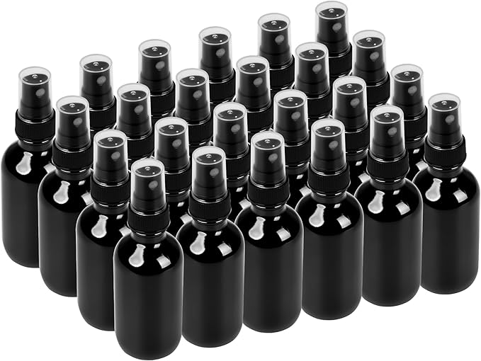 BILLIONSTARS 24 Pack 2oz Glass Boston Round Bottle with Fine Mist Sprayer - UV Black - Essential Oils, Bath, Beauty, Hair & Cleaning - Leakproof Travel Bottles