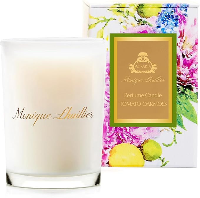 Agraria Monique Lhuillier Tomato Oakmoss Perfume Candle, 7 Oz, 40-50 Hours Flicker Time, Fresh Alluring Botanical Earthy Scented Candles for Home