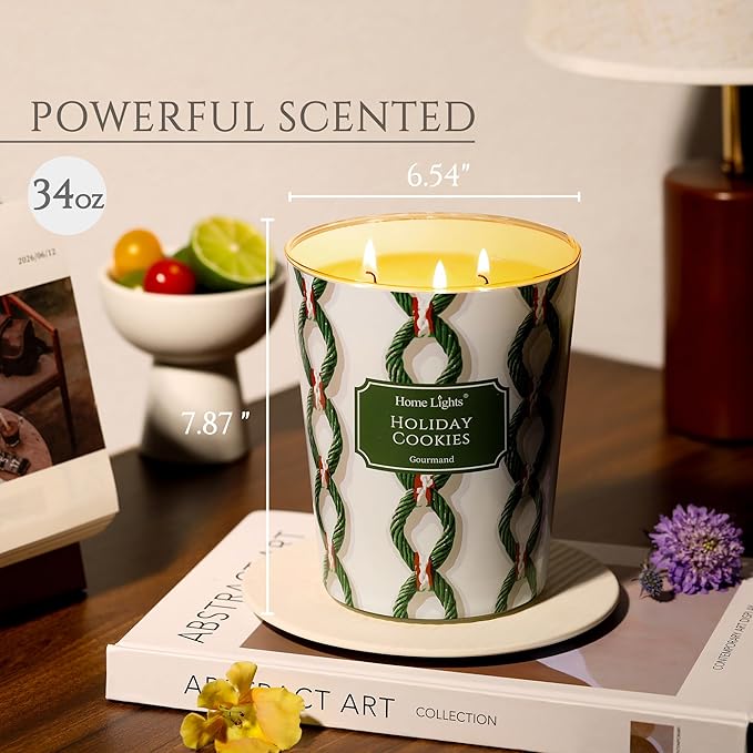 HomeLights Scented Candles | Large Jar 34 Oz Natural Soy Candle | 130 hrs Long-Lasting with 3 Wicks | Rustic Modern Home Decor | Gifts for Mom & Women, Holiday Cookies